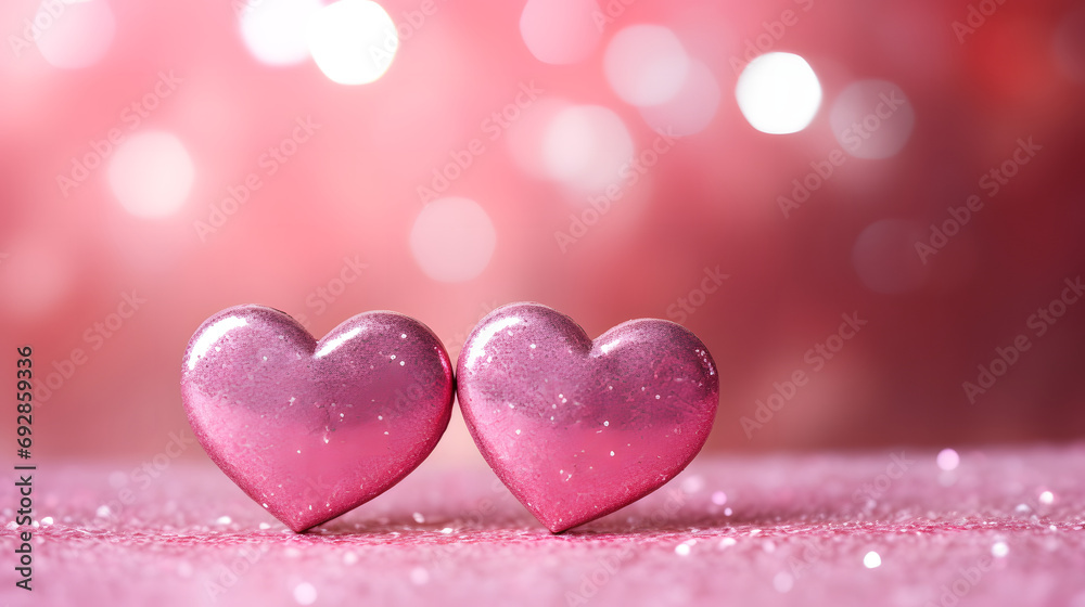Love blooms on a vibrant canvas, as two pink hearts dance in shades of magenta, lilac, and purple, capturing the colorfulness of valentine's day