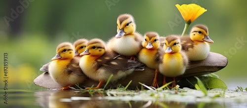 Cute baby animals, including ducklings and chicks, ride on their mother's back at Royal Lazienki park in Warsaw.