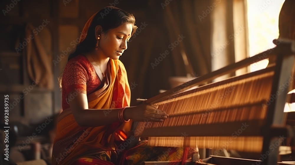 Asian women weaving makers (bhangars) in Varanasi have made it world famous. Banarasi sari on his hand - obrazy, fototapety, plakaty 