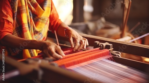 Asian women weaving makers (bhangars) in Varanasi have made it world famous. Banarasi sari on his hand photo