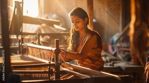 Asian women weaving makers (bhangars) in Varanasi have made it world famous. Banarasi sari on his hand