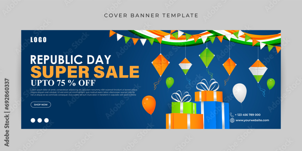 Vector illustration of Happy Republic Day Sale Facebook cover banner Template - obrazy, fototapety, plakaty 