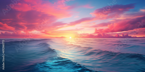 A photorealistic depiction of a vivid sunset over a serene ocean horizon  capturing the sky s color gradients.