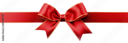 Red ribbon and bow with gold stripe isolated on transparent background. Christmas present new year eve gift special product sales promotion collage element object concept.