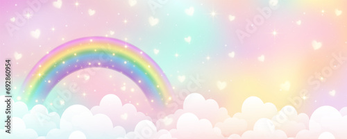 Holographic fantasy rainbow unicorn background with clouds. Pastel color sky. Magical landscape, abstract fabulous pattern. Cute candy wallpaper. Vector.