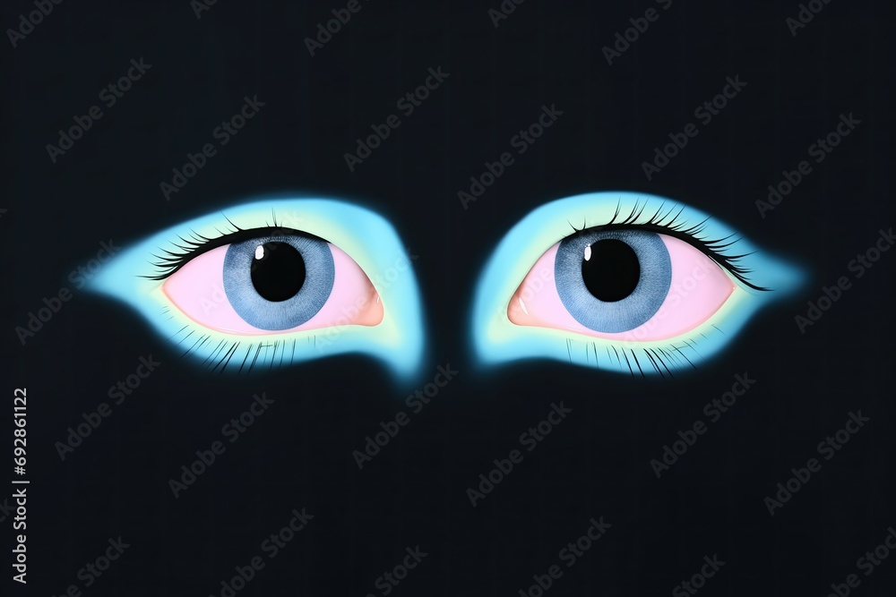 An illustration of eyes on the black background. Pink, blue, azure and aquamarine gradient of the eyes. Mysterious character. Enigmatical vibes. Trapped emotions. Psychological phenomena. Hope. Honest