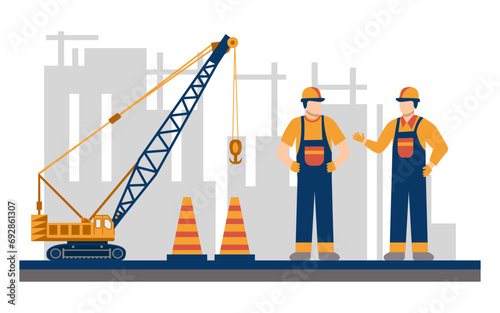 Modern building and building construction workers flat design vector