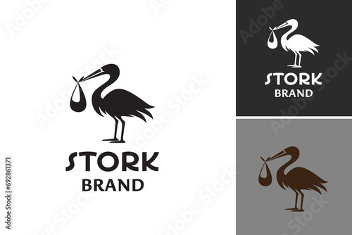 A stork brand logo featuring a stork carrying a bag. This versatile asset is perfect for businesses related to delivery, logistics, parenting, and baby products.