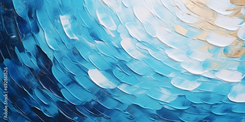 渦状の抽象背景横長油絵バナー）青と水色と金色の立体的な魚の鱗風の柄 photo