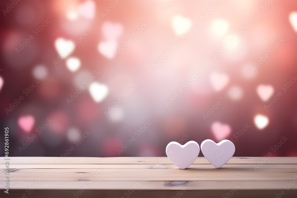 valentines day themed background with empty pastel color wooden table for product display, bokeh lights, copy space, hearts in the background