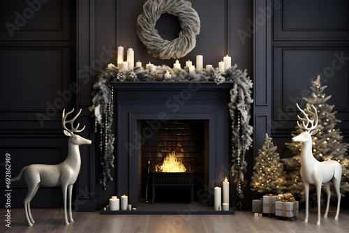 large reindeer standing across from fireplace and christmas tree, in the style of dark silver and dark indigo, global illumination, anglocore, cabincore, linear and airy, captivating photo