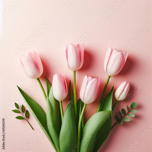 Pink tulips on light rose background. Happy Easter. Greeting card for women's or mother's day or spring sale banner. Valentine's Day, Birthday celebration concept. Flat lay, top view with copy space 