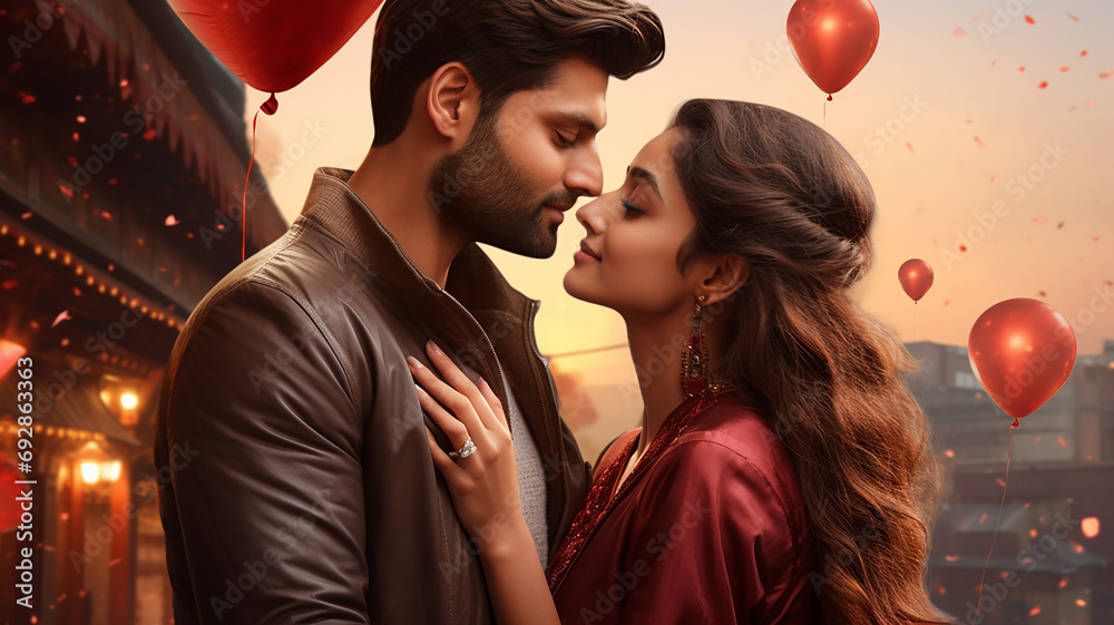 Beautiful young couple in love with red heart balloons on city ...