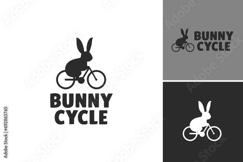 A rabbit rides a bike with "bunny cycle" text. Playful and cute, perfect for children's book illustrations, greeting cards, or cycling-themed designs.