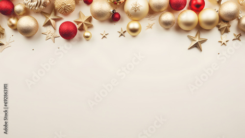 Wallpaper with Christmas decorations on a warm monochromatic beige background. Copy space. 