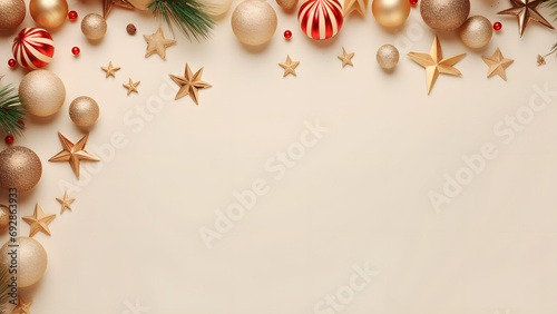 Wallpaper with Christmas decorations on a warm monochromatic beige background. Copy space. 