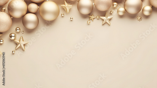 Wallpaper with Christmas decorations on a warm monochromatic beige background. Copy space. 
