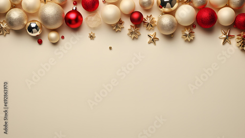 Wallpaper with Christmas decorations on a warm monochromatic beige background. Copy space. 