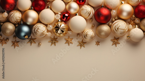 Wallpaper with Christmas decorations on a warm monochromatic beige background. Copy space. 