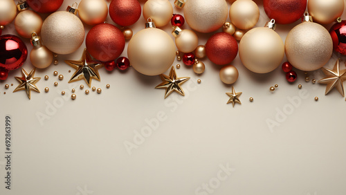 Wallpaper with Christmas decorations on a warm monochromatic beige background. Copy space. 