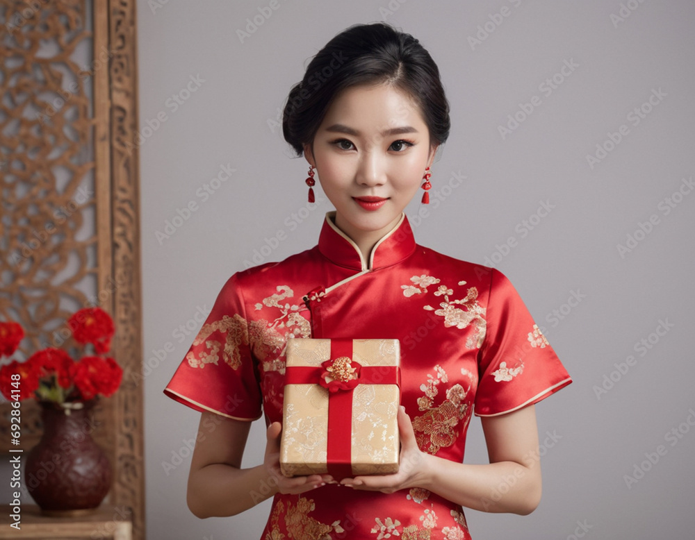 Beautiful young Asian woman in chinese traditional cheongsam qipao dress holding a box, New year Chinese concept. Beautiful young Asian woman in chinese traditional cheongsam qipao dress holding a box, New year Chinese concept.