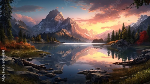 sunset in the mountains at calm lake that creates