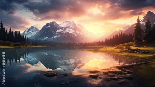 sunset in the mountains at calm lake that creates © paisorn