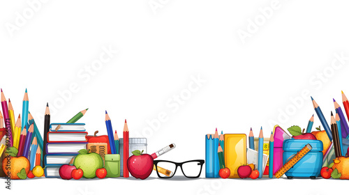 School education seamless border with cartoon school supplies, stationery. Back to school theme design. Isolated on white background. generative AI. photo