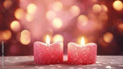 heart shaped candles on a blurred background with bokeh lights  Valentine or love concept background 