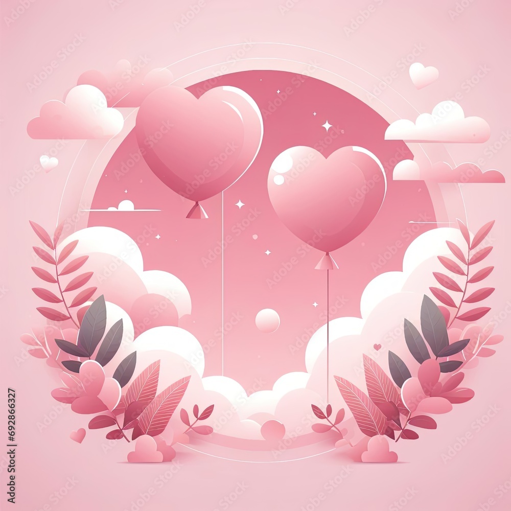 Creative pink heart balloon with floral and vector clouds AI Generative