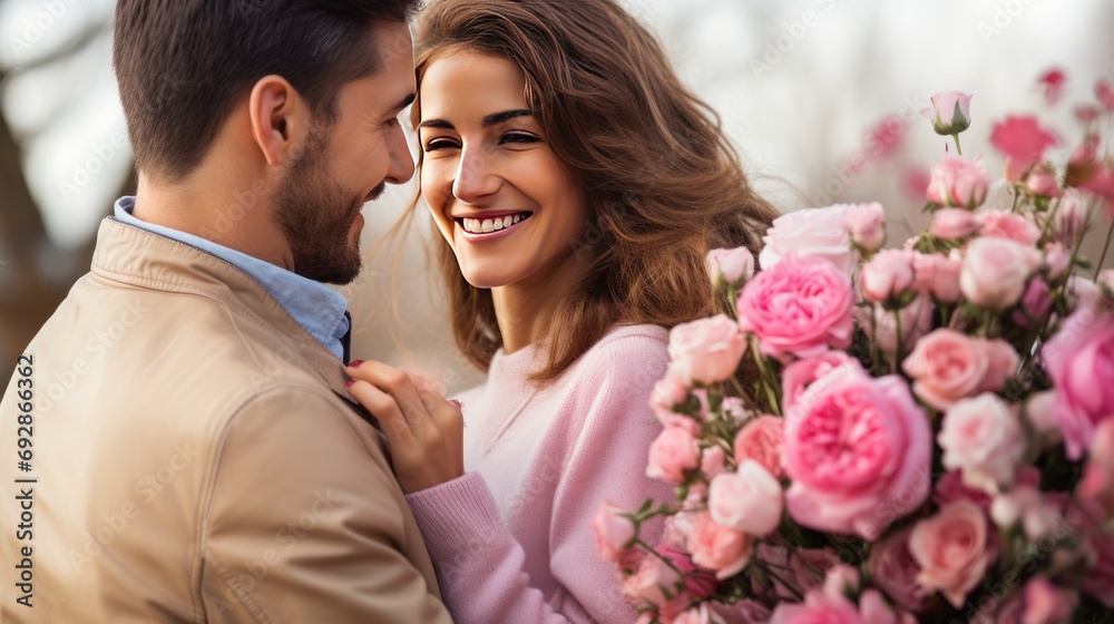Cheerful couple wears engagement rings on Valentine's Day with large bouquet of pink flowers