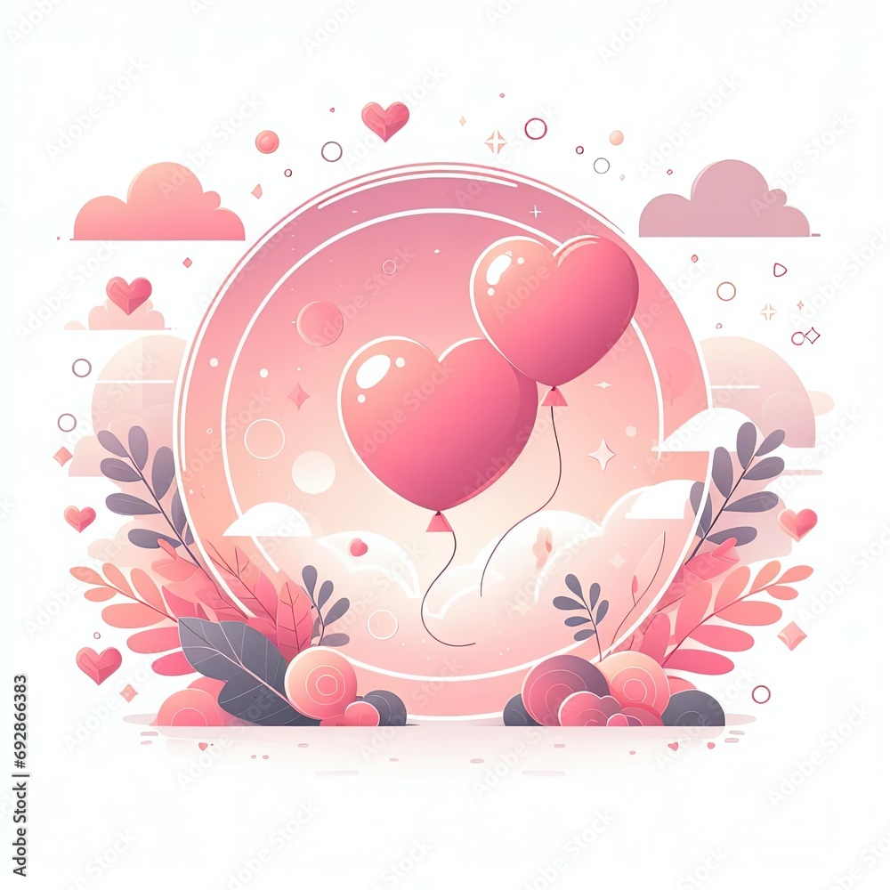 Creative pink heart balloon with floral and vector clouds AI Generative