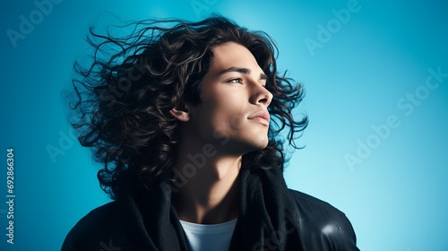 young handsome male model with long black curly hair looking away isolated on blue background with copy space, stylish young man portrait on blue. photo