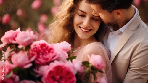 Cheerful couple wears engagement rings on Valentine's Day with large bouquet of pink flowers