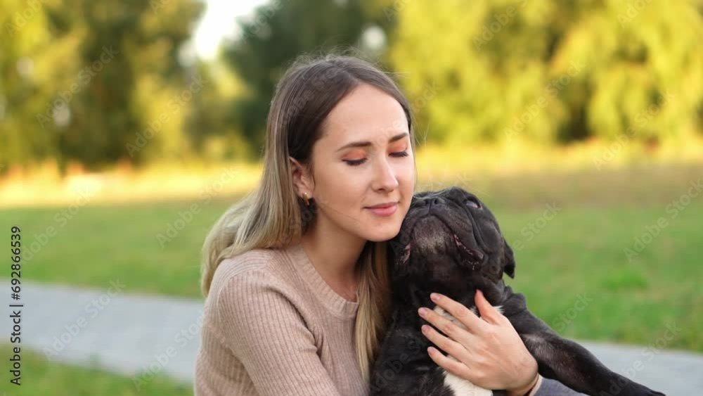 Woman looks at a black French bulldog adopted from a shelter hugging her tightly,outside.Help homeless animals,childfree Woman looks at a black French bulldog adopted from a shelter hugging her tightly,outside.Help homeless animals,childfree