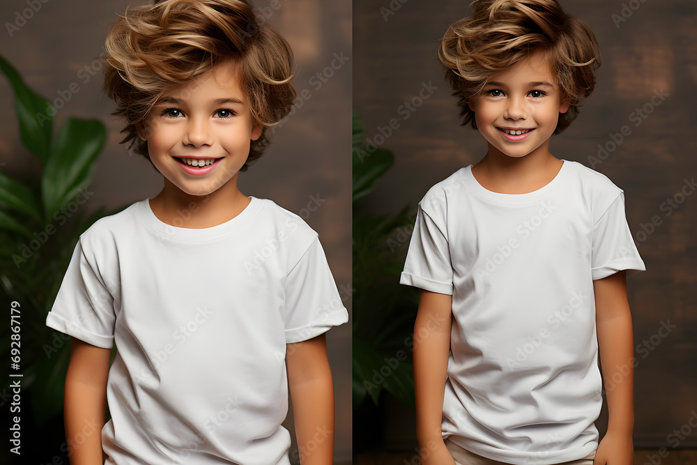 Photocolage of a young child with blond hair and empty white t-shirt ai generated art. Photocolage of a young child with blond hair and empty white t-shirt ai generated art.