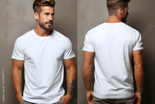 Handsome  man wearing a white casual t-shirt. Behind and front view of a mockup t-shirt for design print ai generated art.  © Tsanko