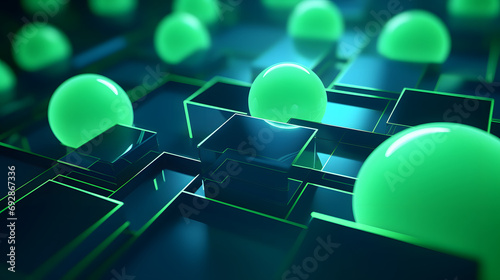 3d rendering of green and blue abstract geometric background. Scene for advertising, technology, showcase, banner, game, sport, cosmetic, business, metaverse. Sci-Fi Illustration. Product display