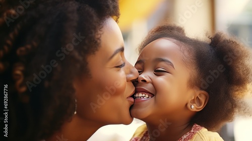 Close-up of a beautiful daughter kissing her mother on the cheek. Young African girl kisses happy mother Cute black girl kisses cheerful woman photo