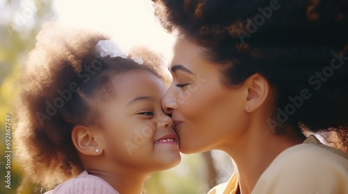 Close-up of a beautiful daughter kissing her mother on the cheek. Young African girl kisses happy mother Cute black girl kisses cheerful woman photo