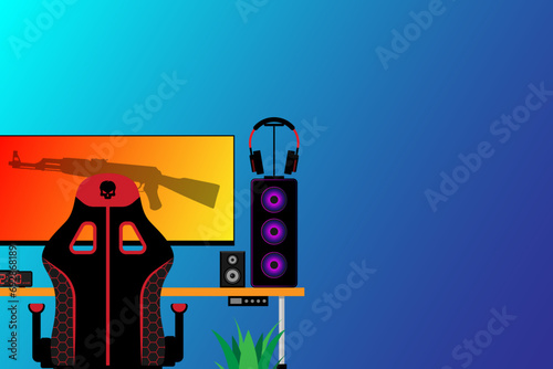 Gaming computer on desk in video gamer room vector illustration