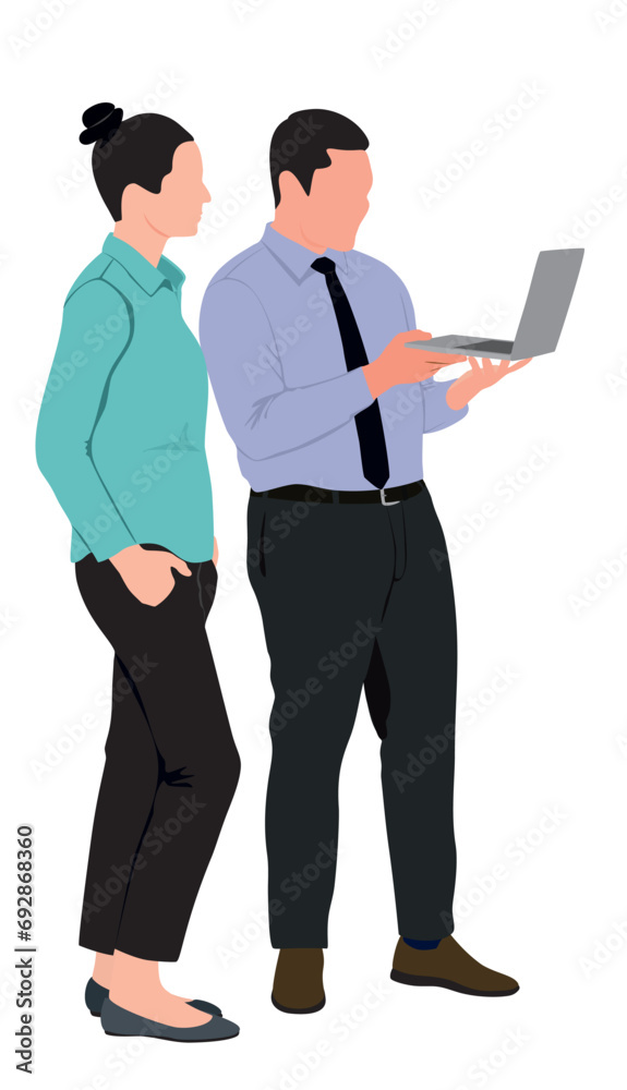 Pair of businessman and businesswoman working on laptop. Business people working on laptop standing and doing their work. Vector realistic illustration isolated on white background.