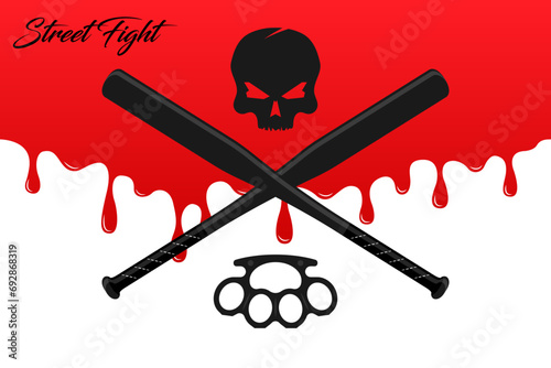 Gangsta street elements brass knuckle skull blood baseball bat illustration vector
