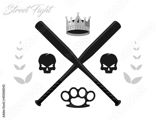 Gangsta street elements brass knuckle skull blood baseball bat crown illustration vector