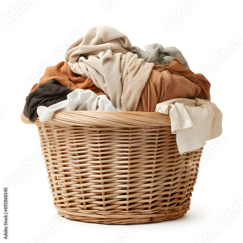 Dirty laundry in a wicker laundry basket isolated on a white background