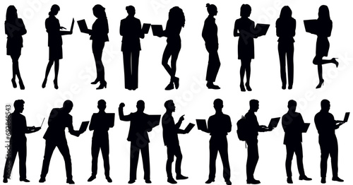 Silhouette of business people working. Set of businessman and woman working  on their laptop. 