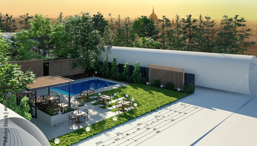Entwurf eines Resorts mit Außengastronomie: Terrasse an einem Swimming Pool (Detail)  - 3D Visualisierung - obrazy, fototapety, plakaty 