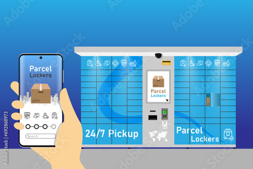 Automated parcel locker with self-service terminal display and mailbox cells - modern method of delivery. Vector illustration