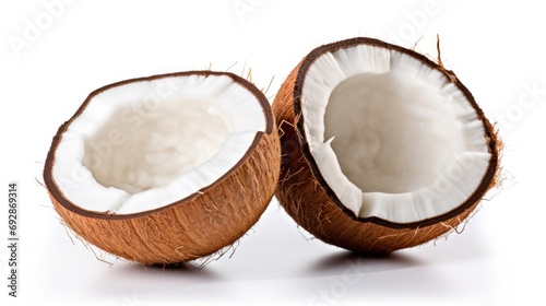 Coconut fruit cut in half isolated on white background. Cutting path.