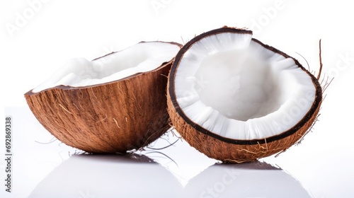 Coconut fruit cut in half isolated on white background. Cutting path.